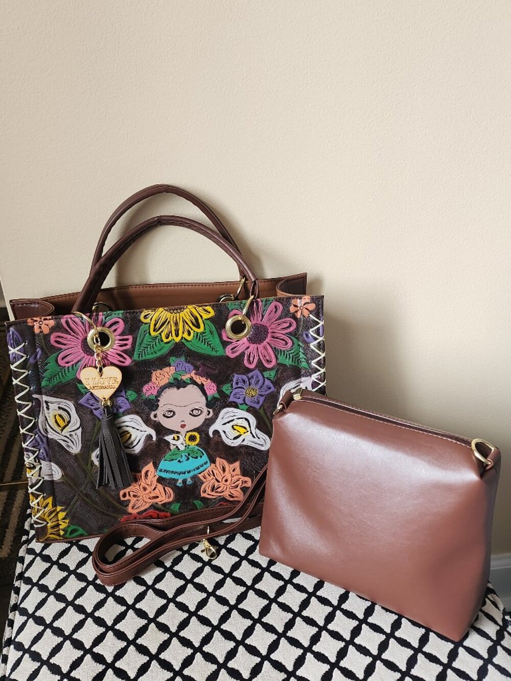 Handmade Brown Floral Frida Kahlo Handbag Set with Matching Cosmetic Bag & Strap